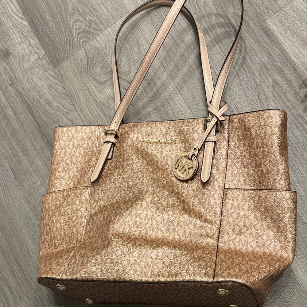 Michael Kors Rose  Gold and Tan Tote Bag with Gold accents.  Like New!